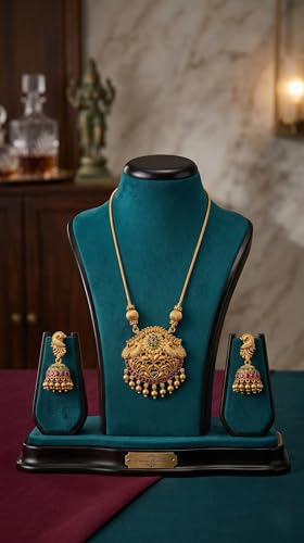 Image of Traditional Gold-Plated Lakshmi Temple Pendant Necklace Set for Women | Antique South Indian Jewelry with Jhumka Earrings | Ethnic Bridal, Wedding & Festive Jewelry Set