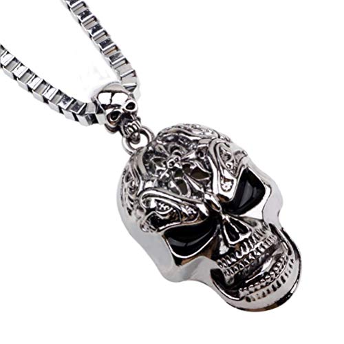Tulip Ly Men's Punk Metal Head Gothic Skull Necklace Double Skull Biker Large Heavy Pendant Necklace Silver Black (Skull Necklace) #TOP6