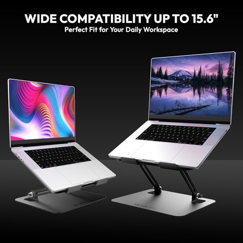 Image of Amkette Ergo Hi-Rise Laptop Stand, Laptop Stand Metal with Ergonomic Design, Heavy Duty Carbon Steel Build, Supports Up to 8kg Laptop, EVA Protection Pads, Supports Laptops up to 15.6 Inch, Grey