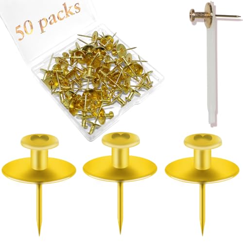 50 PCS Picture Hangers Hooks for Drywall, Gold Push Pins Double Headed Nails Thumbtacks for Wall Hangings Picture, Decorative Small Pins for Cork Board Home Office Photo Decorations