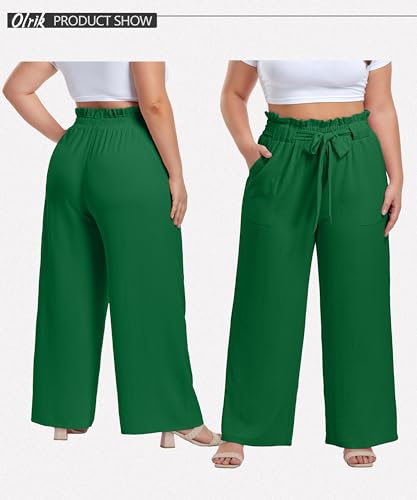 Image of OLRIK Women's Plus Size Pants Adjustable High Waisted Wide Leg Palazzo Pants Casual Trousers with Pockets Spring Clothes
