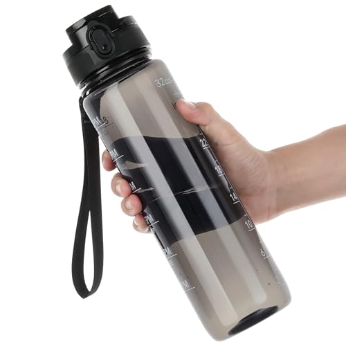 OLDLEY Water Bottle 32oz, Durable and Leakproof Water Bottles Motivational with Time Marker, Tritan, BPA Free, Wide Mouth, Gym, Travel, Home, School, Office, Clear Black (1 Bottle)