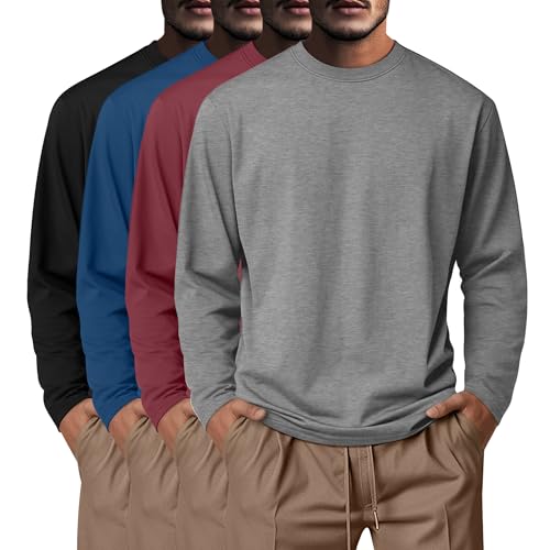 Neer 4 Pack Mens Big and Tall Shirts Cotton Long Sleeve Crewneck Casual Tops Plus Size Basic Tee Shirts Multipack(Black, Blue, Jacinth, Light Gray,Large)
