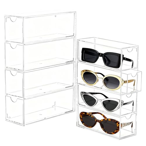 Caja Acrílico para Gafas de Sol, 24,6 x 17,5 x 6,5 cm, Caja Organizador Transparente Apilable para Gafas, Organizador Anteojos de Sol Acrílico con 4 Cajones, para Relojes, Cadenas, Cosméticos