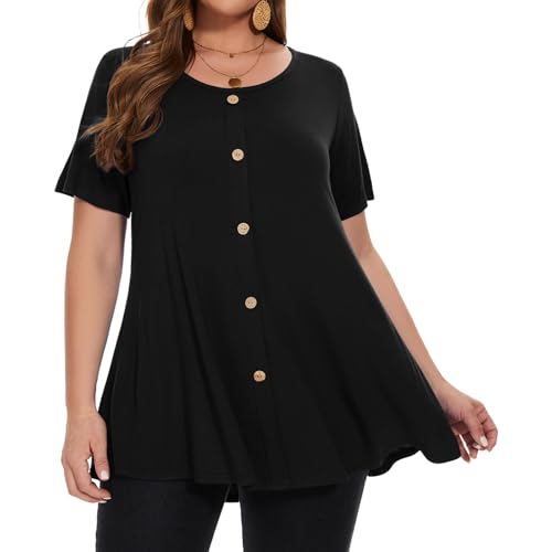 LARACE Plus Size Tunic Tops for Women Summer Short Sleeve Buttons Loose Fit Shirts4