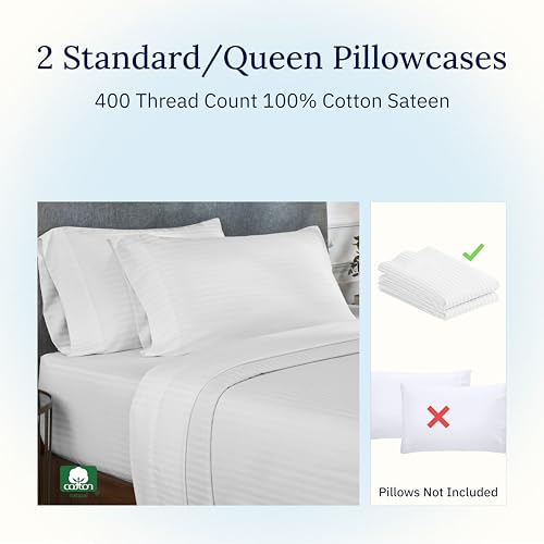 Image of California Design Den Standard Queen Size Pillowcase Set - 400 Thread Count, 100% Cotton Sateen, Set of 2 Pillow Covers, Soft and Breathable - Striped Bright White