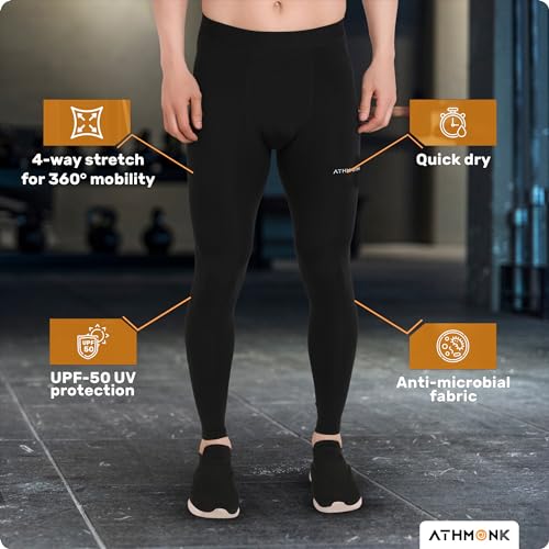 Image of Compression Nylon Lycra Lower Leggings Tights Yoga Pants for Men Boys - Workout Gym Exercise Running Cycling Training - Full Leg Sleeves - Cold Weather Sports Inner - Skinny Fit
