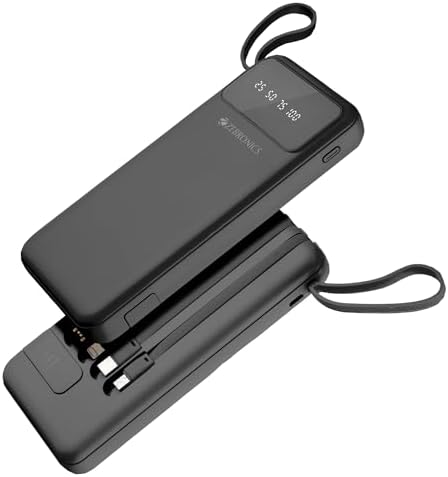 ZEBRONICS MB10000S6 Power Bank, 10000 mAh, 12W, 5 x Outputs - Dual USB A | Type C |Micro USB Input| Lightning, Built in I/O Cables, Percentage Display, Carry Loop, Made in India (Black)