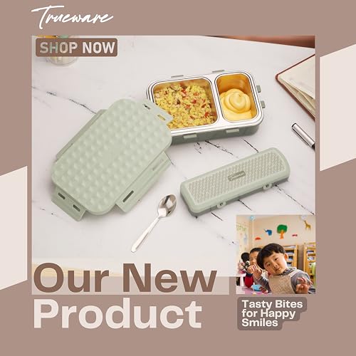 Image of Trueware Crest Lunch Box 2 Compartment Leak-Proof BPA Free Stainless Steel, Lunch Box for Kids, Lunch Box for School & Office with a Spoon, 580 ML