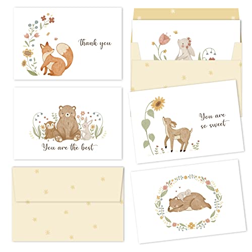 Gooji 4x6 Woodland Thank You Cards with Envelopes 20 Pack Matching Peel-and-Seal Envelopes, Assorted Bulk, Animal, Birthday Baby Shower Weddings Greeting Blank Notes Business Box Stationary