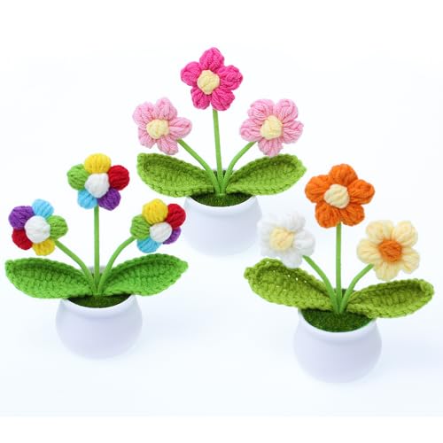 YiQiYi Crochet Small Patted Flowers Artifical Flower Knitted Flower Decor for Car Dashboard Handmade Home Office Decoration (Puff Flower Pink)