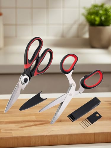 5-Blade Multi-Use Kitchen Shears - Heavy-Duty Stainless Steel Scissors for Herbs & Meat, 2-Pack, Black & Red