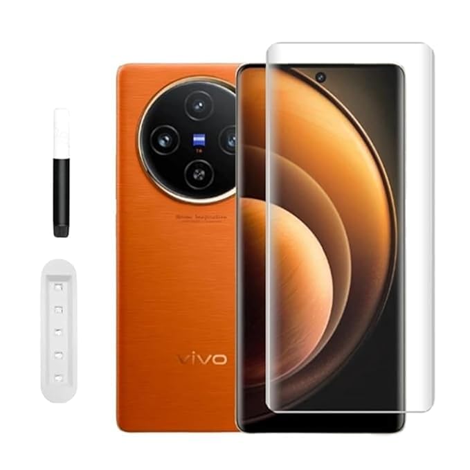 Image of UV Premium HD+ Tempered Glass For Vivo X100 / X100 pro (6.78 Inch, Pack of 1) Full Adhesive Curved Glass 100% Fingerprint Working with installation kit