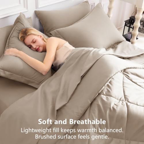Image of CozyLux Full Size Comforter Sets Khaki - 7 Pieces Bed in a Bag Full, Luxury Soft Bed Set for All Seasons, Bedding Set with Down Alternative Comforter, Sheets, Pillowcases & Shams