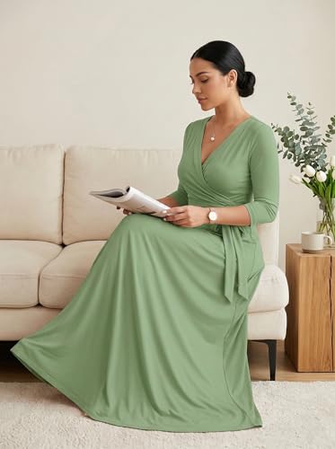 Image of PinkPatty Plus Size Maxi Dresses for Women Casual Flowy Long Dress 3 /4 Sleeve V Neck Wrap Dress with Belt