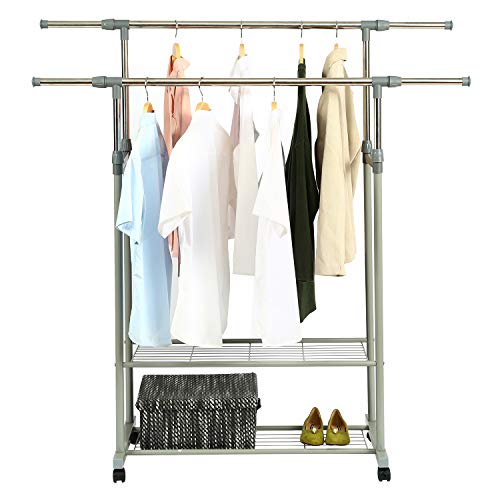 HOME BI Adjustable Garment Rack with 2 Tier Metal Shelf for Shoes Boxes, Rolling Clothes Organizer, High Capacity,Stainless Steel,Heavy Duty up to 110 pounds,Grey