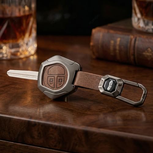 Image of Premium Metal Leather Key Cover Compatible with Maruti Suzuki S-Presso,Swift,SX4,DZire,Ignis,Alto,Vitara Brezza,Ertiga,Ciaz,Baleno,Ritz 2 Button Key Leather Protection with Keychain