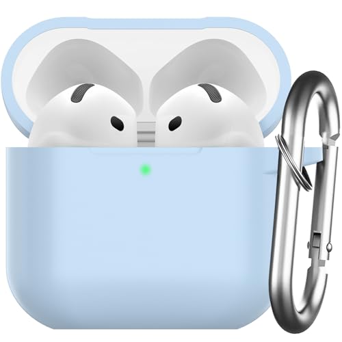 Nemteur Funda for AirPods 4 2024, Case Protectora de Silicona for AirPods 4th 2024 Skin Frontal LED Visible Funda de Silicona con Mosquetón, Azul Claro