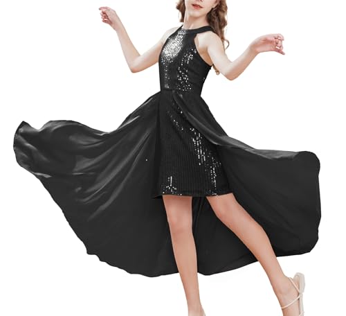 GRACE KARIN Vestido de lentejuelas para niña, cuello halter brillante, sin mangas, línea A, vestido de fiesta, dulce vestido festivo de 6 a 14 años, Negro , 8-10 años