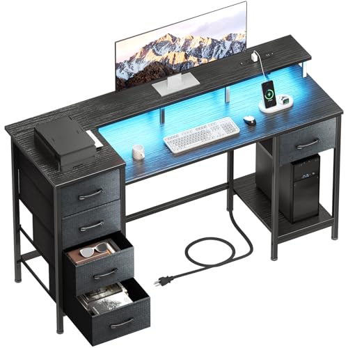 47 Inch Computer Gaming Desk with Power Outlets & LED Lights Reversible Home Office Desk with Adjustable 5 Fabric Storage Drawers for Working Writing Study Black