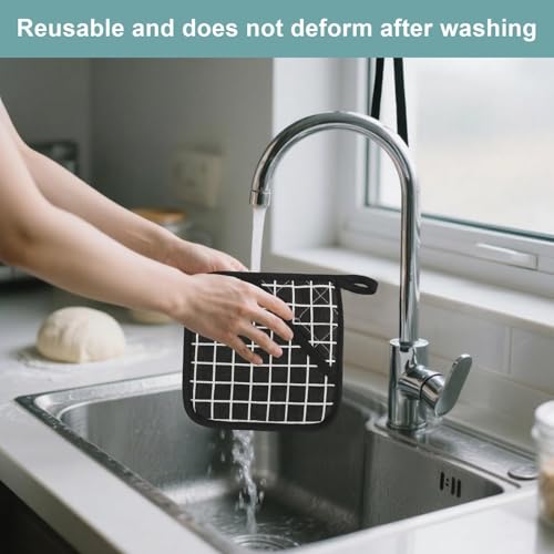 Hitzebeständige Topflappen,6 Stück Topflappen Set Topflappen mit Taschen Waschbar Topflappen Küchenzubehör zum Kochen für Heiße Töpfe Schwarz 17x17 cm