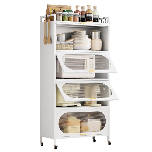 5-Tier Kitchen Pantry Storage Cabinet with Flip-up Doors, Metal Freestanding Cabinet with 4 Rooling Wheels, Bakers Rack with Storage Cabinet for Dining Study Kitchen Living Room (White)