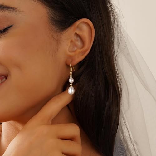 Gold Jewelry Set for Women, Dainty 14K Gold/Silver Plated Pearl Necklace and Earring Set with CZ Diamond and Pearl Drop Earrings, Bracelets, Choker Necklace - Wedding Bride Jewelry3