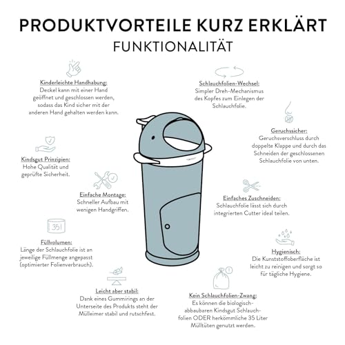 Kindsgut Papelera para pañales Ballena Aguamarina Incl. lámina Tubular, a Prueba de olores Gracias a la Doble Tapa antiolores, fácil de Limpiar, Materiales respetuosos con el Medio Ambiente - imagen 7