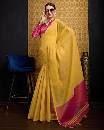 Image of SWORNOF Women's Linen Cotton Silk Saree with Unstitched Blouse Piece | Saree for Women | Saree with Blouse Piece | Soft and Skin Friendly