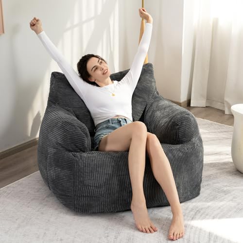 HIGOGOGO Giant Bean Bag Chair Sofa, Big Comfy Chair for Bedroom Living Room, Bean Bag Lazy Chair for Adults with Pocket Armrests for Gaming, Reading, Large, Dark Grey