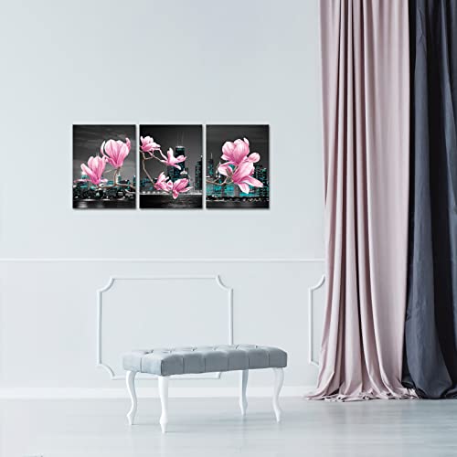 Homeoart Pink Flower Canvas Art Pictures Chicago City Wall Art Decor Magnolia Floral Painting Canvas Prints Framed Artwork Living Room Bedroom Decoration 12"X16"X3 Pieces #TOP2