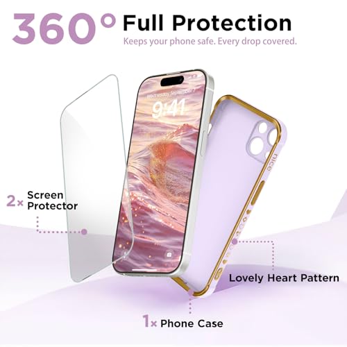 Compatible with iPhone 14 6.1", Phone Case Small Love Heart with Screen Protector, Luxury Plating Cute Phone Cases Soft TPU Pattern Print Design Shockproof Protection Cover for Women Girls, Purple — view 2