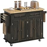HOMCOM Kitchen Island Cart with Rubber Wood Top, Rolling Kitchen Island Table on Wheels with Drawers, Adjustable Shelves, Spice Rack and Towel Rack for Dining Room, Brown Oak