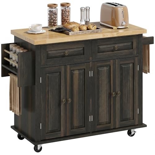HOMCOM Kitchen Island Cart with Rubber Wood Top, Rolling Kitchen
