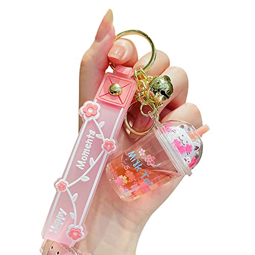 Hsyhere Girls Women Creative Cute Happy Fortune Cat Milk Tea Bubble Tea Cup Help Relax Lucky Keychain Keyrings, Flower Strap Moving Liquid Sand Car Key Chain Key Ring Bag Pendant Key Holder -Pink #TOP8