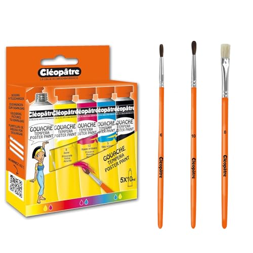 Cléopâtre Lot composé de 5 tubes de gouache 10ml, de 2 pinceaux ronds poney n°6 et n°10 et d'une brosse plate n°8, Lot de 5 Tubes + 2 Pinceaux