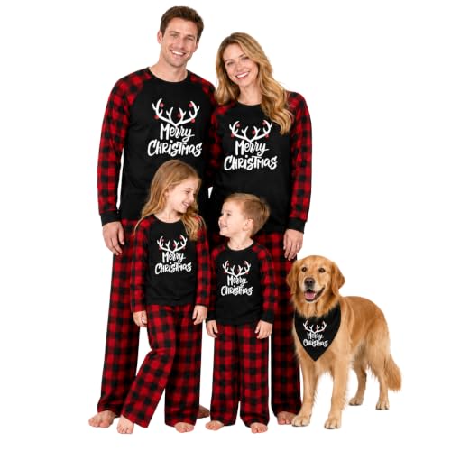 Image of IFFEI Matching Family Pajamas Sets Christmas PJ's with Letter and Plaid Printed Long Sleeve Tee and Bottom Loungewear