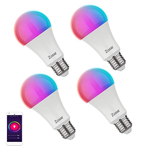 Exclusive Zosar Smart WiFi Light Bulb, Dimmable LED RGBCW Multi-Color Changing, 810Lm A19/E26 9W Compatible with Alexa and Google Home Assistant, No Hub Required (Pack-4)
