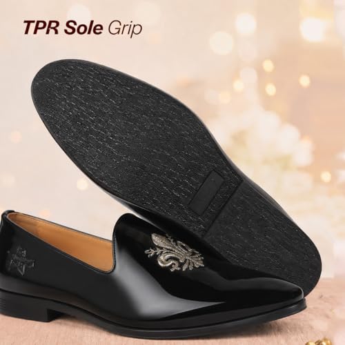 Image of FAUSTO Men's Patent Glossy Ethnic Embroidered Design Slip On Shiny Juttis & Mojaris for Party|Wedding|Festival