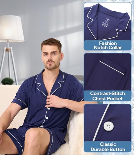 BAMBOO COOL Mens Pajama Set Summer Cooling Pjs Button Down Shirts Short Sleeves, Lightweight Loungewear Pijama with Pockets3