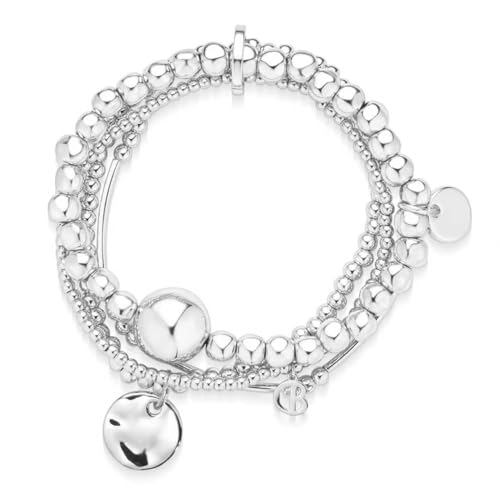 COBI Sterling Silver Plated Beaded Bracelets for Women, Gold Tone Bracelet Stack 4 Layer with Disc & Ball Charms, Stretch Bracelets Trendy Statement Jewelry 7.4 Inches -Silver by COBI - Used condition - US$21.83