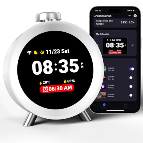 Dekala ChronoSense Alarm Clock for Bedroom Temperature Humidity, 7-Day Programmable 4 Alarms, 100dB Loud Gradual Alarm Clock Heavy Sleeper, IPS Screen Animation, Hourly Chime