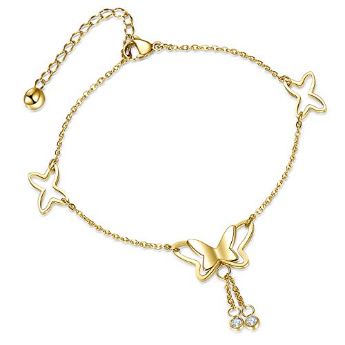 Ankle Bracelets for Women & Teen Girls, 14K Gold Plated Adjustable Dainty Layered Butterfly Anklet Summer Beach Stainless Steel Foot Jewelry(Gold)
