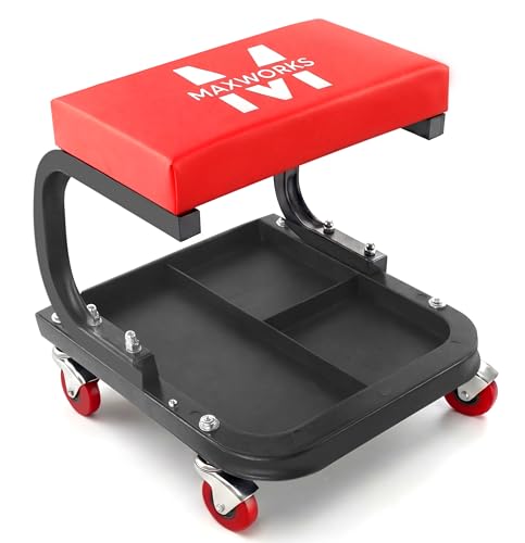 MaxWorks 50875 Mechanics Roller Seat, 250 LBS Capacity Padded Rolling Workshop Stool with Tool Tray Storage for Garage, Shop, Auto Repair