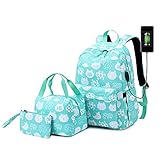 Leaper Cute Cat Women Backpack School Bag Lunch Bag Pencil Bag Set Water Blue