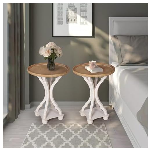 Farmhouse End Tables Living Room Set of 2, Round Side Tables Bedroom Set of 2, Wood Accent Table with Wood Pedestal, Vintage & Rustic, Distressed White