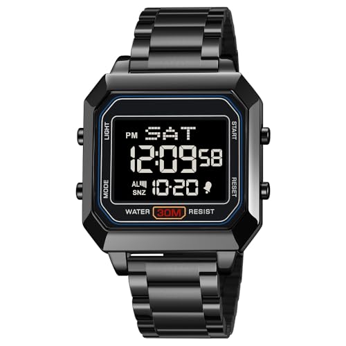 zolohoni Stainless Steel Digital Watch for Men & Women, Japanese Quartz, Square, Water Resistant, Black Dial & Band, M143.H
