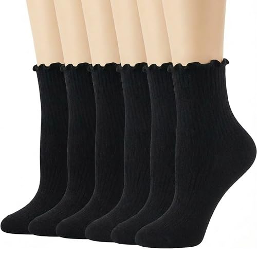 Image of DQCUTE Women's Ruffled Ankle Boot Socks - Soft Knit Cotton Lettuce Trim Crew Socks for Teen Women 6 Pairs