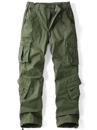 AKARMY Women's Cotton Casual Work Pants Camouflage Cargo Pants Parachute Pants for Women with Pockets, Military Green, 14