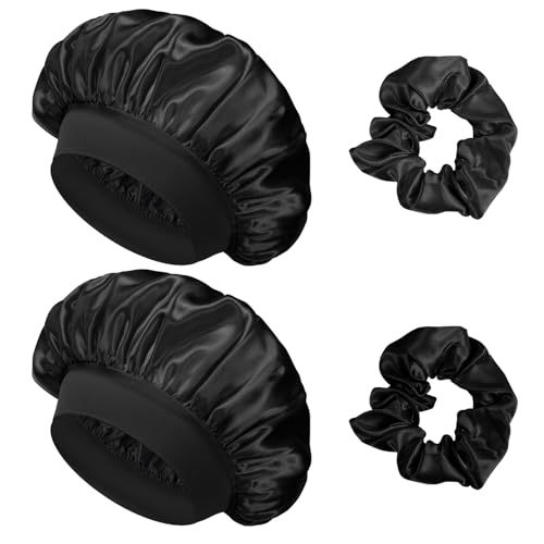flintronic 2 Piezas Capó de Satén de Seda, Gorro de Seda para Dormir con Banda Ancha Elástica, Gorro Ducha Mujer, Gorro de Saten para Dormir Pelo Rizado Mujeres y Chicas, Negro